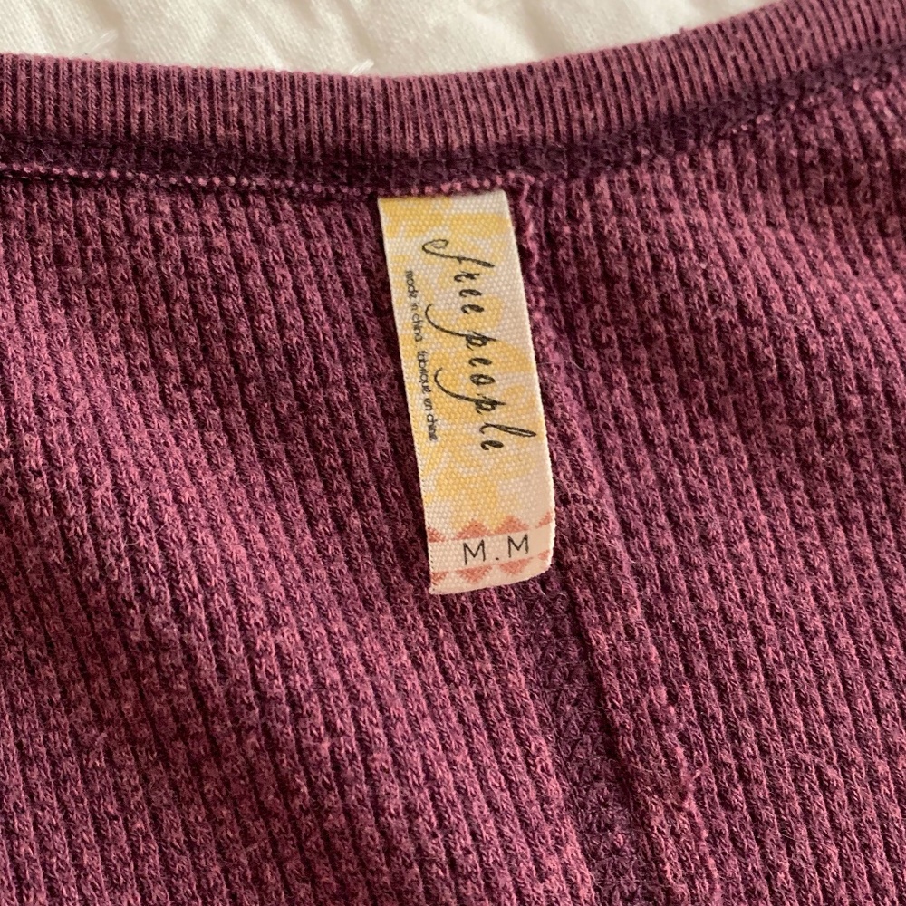 Free People Maroon Henley Waffle Knit Top with Gray Marled Cuffs - Picture 5 of 6